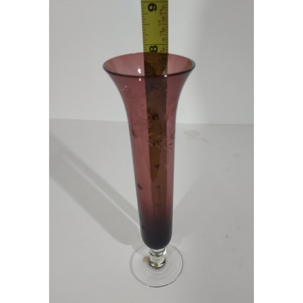 Amethyst Purple Glass 1968 Glows Gren 8" Bud Vase Pedestal Base Art Personalized - Picture 7 of 10